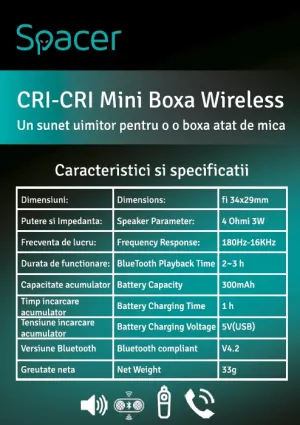 BOXA SPACER portabila bluetooth, Cri-Cri-BK, RMS:  3W, control volum, acumulator 300mAh, timp de functionare pana la 2 ore, distanta de functionare pana la 10m, incarcare USB, BLACK, "SPB-Cri-Cri-BK"  43501765 (include TV 0.18lei)