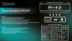BOXA SPACER portabila bluetooth, POCKET-BK, RMS:  3W, control volum, acumulator 520mAh, FM (antena interna), timp de functionare pana la 5 ore, distanta de functionare pana la 10m, incarcare USB, BLACK, "SPB-POCKET-BK"  (include TV 0.18lei)