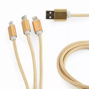 CABLU alimentare si date GEMBIRD, pt. smartphone, 3 + 1, USB 2.0 (T) la Lightning (T) + Micro-USB 2.0 (T) + USB 2.0 Type-C (T),  1m, cablu cu impletire din bumbac, incarcare simultana a 3 tipuri de telefoane, auriu, "CC-USB2-AM31-1M-G"