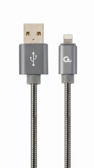 CABLU alimentare si date GEMBIRD, pt. smartphone, USB 2.0 (T) la Lightning (T), 1m, premium, cablu metalic, gri-metalic, cu insertii albe, "CC-USB2S-AMLM-1M-BG" (include TV 0.06 lei)