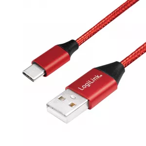 CABLU alimentare si date LOGILINK, pt. smartphone, USB 2.0 (T) la USB 2.0 Type-C (T), 0.3m, premium, cablu cu impletire din bumbac, rosu, "CU0147" (include TV 0.06 lei)