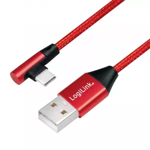 CABLU alimentare si date LOGILINK, pt. smartphone, USB 2.0 (T) la USB 2.0 Type-C (T) la 90 grade, 1m, premium, cablu cu impletire din bumbac, rosu, "CU0146" (include TV 0.06 lei)