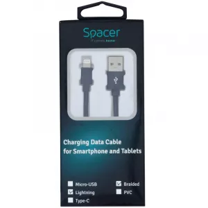 CABLU alimentare si date SPACER, pt. smartphone, USB 2.0 (T) la Lightning(T), braided,,Retail pack, 1.8m, black,&amp;nbsp; "SPDC-LIGHT-BRD-BK-1.8" (include TV 0.06 lei)