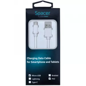 CABLU alimentare si date SPACER, pt. smartphone, USB 2.0 (T) la Micro-USB 2.0 (T), PVC, Retail pack, 0.5m, White,&amp;nbsp; "SPDC-MICRO-PVC-W-0.5" (include TV 0.06 lei)