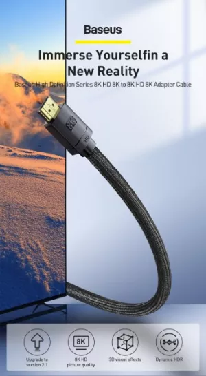 CABLU video Baseus High Definition, HDMI (T) la HDMI (T), versiunea 2.1, rezolutie maxima 8K UHD (7680 x 4320) la 60 Hz, conectori auriti, 2m, negru "CAKGQ-K01" (include TV 0.18lei) - 6953156204164