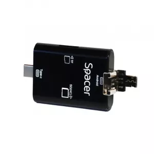 CARD READER extern SPACER, 3 in 1, interfata USB 2.0, USB Type C, Micro-USB, citeste/scrie: SD, micro SD; adaptor USB Type C la USB sau Micro-USB; plastic, negru, "SPCR-309" (include TV 0.03 lei)