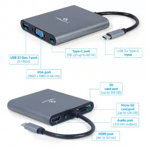 DOCKING Station Gembird universal, conectare PC USB Type C, USB-C x 1, USB-A 3.1 x 1, porturi video HDMI x 1, VGA x 1, PD  60 W, SD, microSD, Audio, argintiu, "A-CM-COMBO6-01" (include TV 0.18lei)