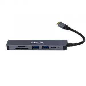 DOCKING Station Spacer universal 6 in 1, conectare Type-C, USB 3.0 x 2 |PD 3.0 x 1 (87W), porturi video HDMI x 1, 4K (30Hz),SD card x 1, TF (MicroSD card) x 1, gri, Aluminiu, "SPDS-TypeC-HUPS-6in1"