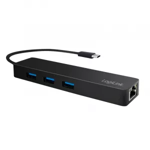 HUB extern LOGILINK, porturi USB: USB 3.0 x 3, conectare prin USB 3.2 Type C, cablu 0.1 m, retea 10/100/1000 Mbps (Gigabit), negru, "UA0313" (include TV 0.8lei)