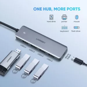 HUB extern Ugreen, "CM219" porturi USB: USB 3.0 x 4, conectare prin USB Type-C, aluminiu, lungime 15 cm, gri, "70336" (include TV 0.8lei) - 6957303873364