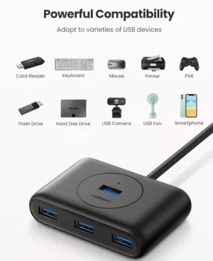 HUB extern Ugreen, "CR113" porturi USB: USB 3.0 x 4, conectare prin USB 3.0, lungime 1 m, negru, "20291" (include TV 0.8lei) - 6957303822911