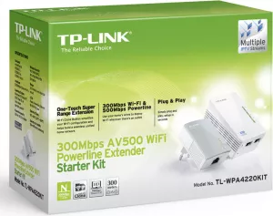 KIT ADAPTOR POWERLINE TP-LINK tehnologie AV,  AV600, pana la 300Mbps, 2 porturi 10/100Mbps, wireless 300Mbps, compus din TL-WPA4220 &amp;amp; TL-PA4010 "TL-WPA4220KIT" (include timbru verde 1.5 lei)