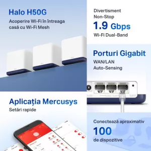 MESH MERCUSYS, wireless, router AC1900, pt interior, 1900 Mbps, port LAN si WAN Gigabit, 2.4 GHz | 5 GHz, antena interna x 2, standard 802.11ac, "Halo H50G(3-pack)" (include timbru verde 1.5 lei)