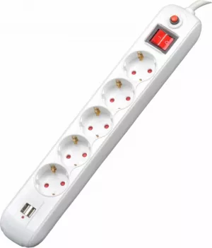 PRELUNGITOR SPACER, Schuko x 5, conectare prin Schuko (T), USB x 2, cablu 1.8 m, 16 A, max. 3500W, protectie supratensiune, alb, "PP-5-18 USB" (include TV 0.8lei)