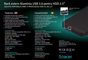 RACK extern SPACER, pt HDD/SSD, 2.5 inch, S-ATA, interfata PC USB 3.0, aluminiu, negru, "SPR-25611" 45503295 (include TV 0.8lei)
