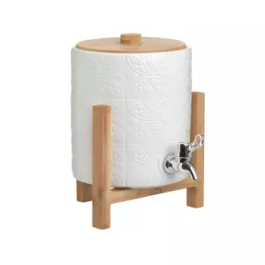 Borcan din portelan alb , cu picioare si capac de bambus si robinet, 24x18x25 cm
