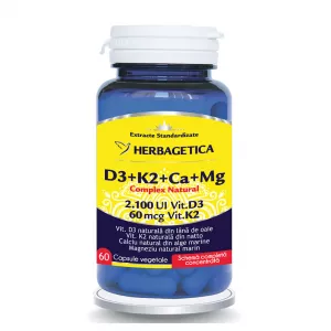 Complex natural D3+K2+Ca+Mg, 60 capsule vegetale, Herbagetica