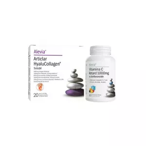 Pachet: Alevia supliment alimentar Articlar Hyalucollagen 20 plicuri si Vitamina C Retard 1000 mg cu bioflavonoide 30 comprimate