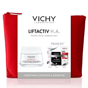 Pachet Crema antirid ten normal-mixt Liftactiv HA, 50 ml + Fluid cu SPF 50+ Capital Soleil, 15 ml + Fond de ten Dermablend, 25 Nude, 1 ml + Sampon Aminexil Dercos, 50 ml, Vichy