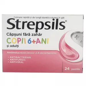 Strepsils cu aroma de capsuni fara zahar copii 6+ ani, 24 pastile, Reckitt Benckiser Healthcare