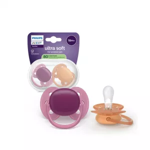 Suzeta Ultra Soft Pacifier Philips Avent, Mov/Portocaliu, 18 luni+, SCF093/03, 2 bucati, Philips
