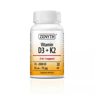 Vitamina D3 + K2, 2000 UI D3 + 75 mcg K2/capsula, 30 capsule, Zenyth