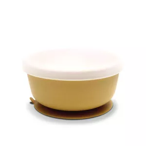 Bol de hranire cu capac, din silicon natural, cu ventuza, 6 luni+, Yellow