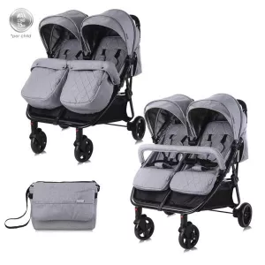 Carucior Duo, pentru gemeni, de la 0 luni pana la 3 ani, maxim 30 kg, husa de vreme rece, Cool Gri