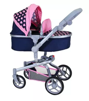 Carucior landou pentru papusi, Knorr Toys, Boonk, reglabil si transformabil, 59 x 42 x 80 cm, 3 Ani+, Pink Hearts