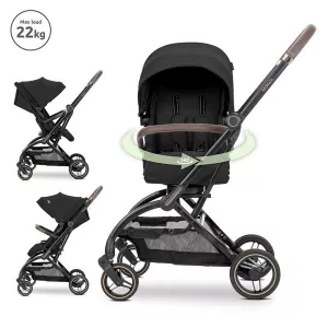 Carucior pentru nou-nascut, Makaya, cu scaun rotativ 360 grade, cadru din aluminiu, pana la 22 kg, Black
