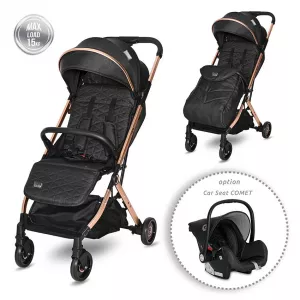 Carucior Myla, de la 0 luni pana la 3 ani, maxim 15 kg, cadru din aluminiu, pliere tip troller, cos auto optional, Negru