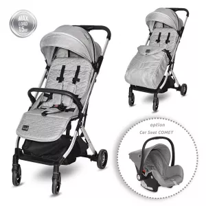 Carucior Myla, de la 0 luni pana la 3 ani, maxim 15 kg, cadru din aluminiu, pliere tip troller, cos auto optional, Gri cu Negru