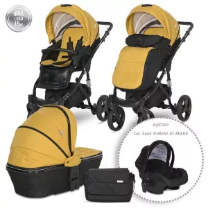 Carucior set Rimini Premium, landou separat, sezut reversibil, cadru din aluminiu, cos auto optional, Galben cu Negru