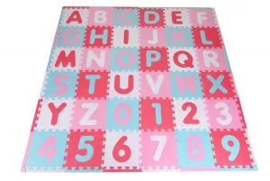 Covoras puzzle colorat, Knorr Toys, 110 piese, 180x180 cm, din spuma moale Eva, izolator si antiderapant, 0 Luni+, Cifre si Litere Pink Rosa