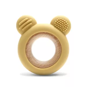 Jucarie de dentitie, din silicon si lemn de fag, 0 luni+, Bear Yellow