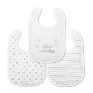 Set 3 bavete bumbac pentru nou-nascut, inchidere cu velcro, potrivit pentru hranire si in perioada eruptiei dentare, 0 luni+, White