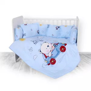 Set lenjerie pat 8 piese, 70x140 cm, bumbac ranforce, Bear & Car Blue