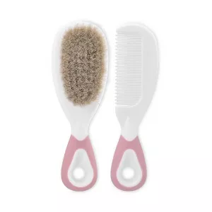 Set pieptan cu perie din par natural, 0 luni+, Pink