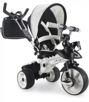 Tricicleta cu pozitie de somn pentru copii, Injusa, City Max, maner parental, cadru din aluminiu, 8 luni+, Alb cu Negru