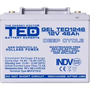 Acumulator 12V GEL Deep Cycle, Dimensiuni 197 x 166 x 171 mm, Baterie 12V 46Ah M6, TED Electric TED003454