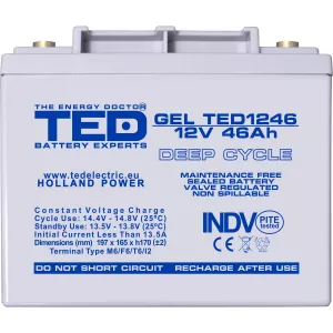 Acumulator 12V GEL Deep Cycle, Dimensiuni 197 x 166 x 171 mm, Baterie 12V 46Ah M6, TED Electric TED003454