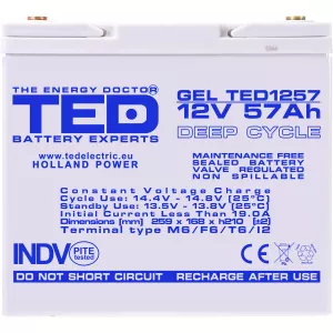 Acumulator 12V GEL Deep Cycle, Dimensiuni 229 x 138 x 208 mm, Baterie 12V 57Ah M6, TED Electric TED003393