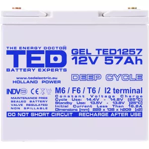 Acumulator 12V GEL Deep Cycle, Dimensiuni 229 x 138 x 208 mm, Baterie 12V 57Ah M6, TED Electric TED003393