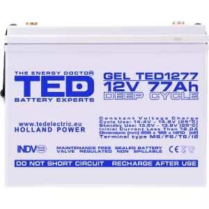 Acumulator 12V GEL Deep Cycle, Dimensiuni 259 x 168 x 211 mm, Baterie 12V 77Ah M6, TED Electric TED003409