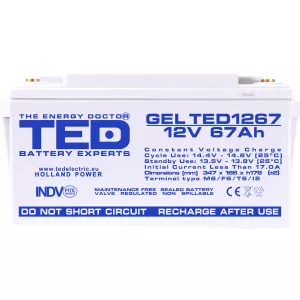 Acumulator 12V GEL Deep Cycle, Dimensiuni 350 x 166 x 176 mm, Baterie 12V 67Ah M6, TED Electric TED003461