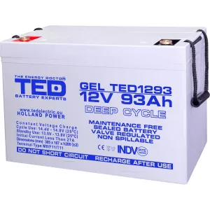 Acumulator 12V GEL Deep Cycle Solar, Dimensiuni 305 x 167 x 208 mm, Baterie 12V 93Ah M8, TED Electric TED003485