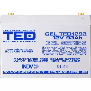 Acumulator 12V GEL Deep Cycle Solar, Dimensiuni 305 x 167 x 208 mm, Baterie 12V 93Ah M8, TED Electric TED003485