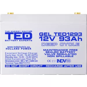 Acumulator 12V GEL Deep Cycle Solar, Dimensiuni 305 x 167 x 208 mm, Baterie 12V 93Ah M8, TED Electric TED003485