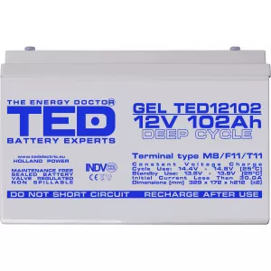 Acumulator 12V GEL Deep Cycle Solar, Dimensiuni 331 x 173 x 213 mm, Baterie 12V 102Ah M8, TED Electric TED003492