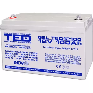 Acumulator 12V GEL Deep Cycle Solar, Dimensiuni 330 x 173 x 212 mm, Baterie 12V 100Ah M8, TED Electric TED004147